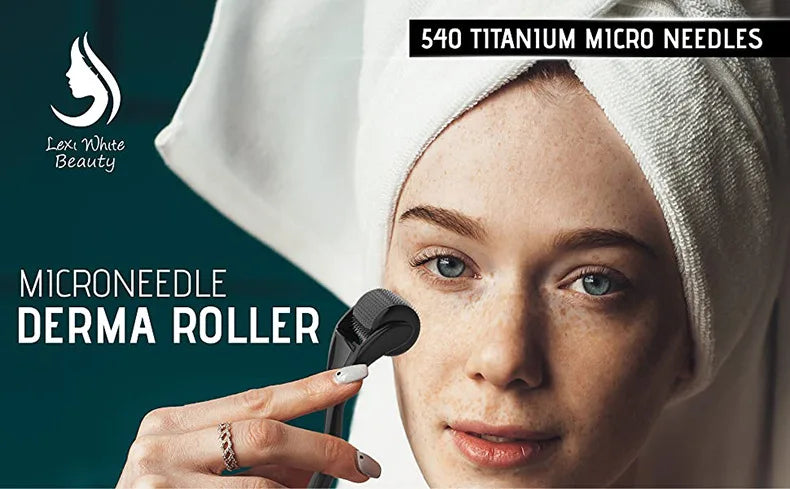 A woman with a towel on her head uses a black, 540-needle titanium derma roller on her cheek.
