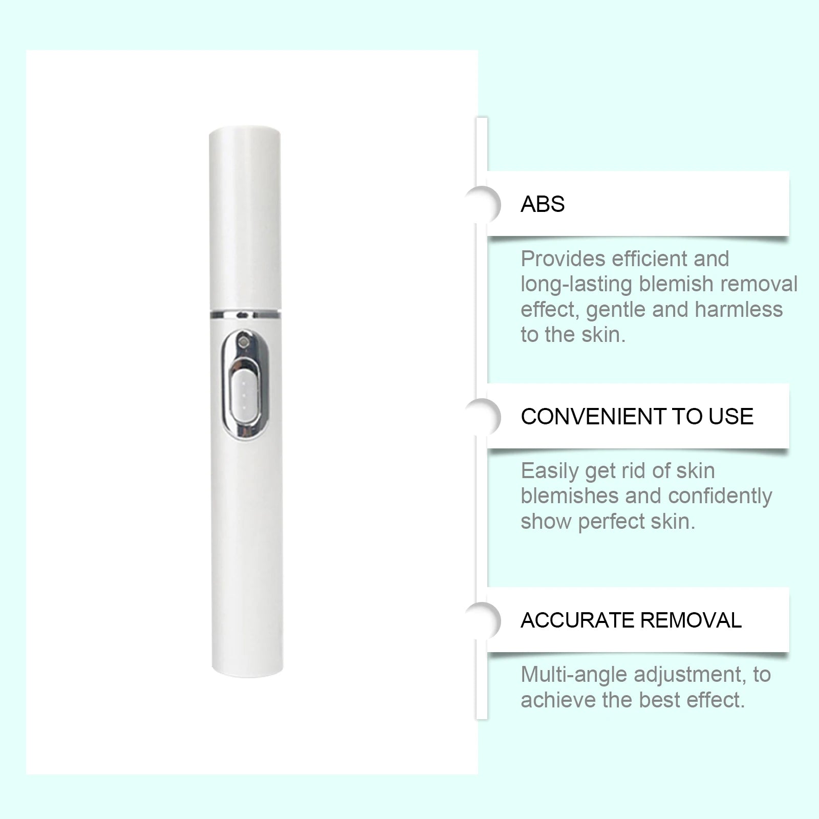 White, cylindrical facial blemish removal pen with a silver control button and text boxes explaining its features.