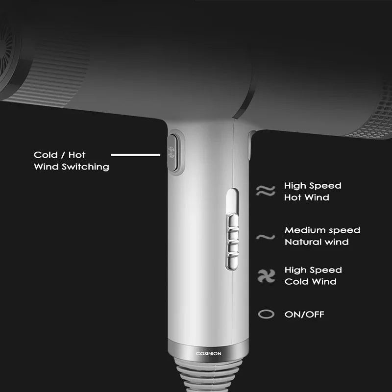 Silver leafless hair dryer with intelligent hot/cold temperature controls and variable speed settings for quick drying.