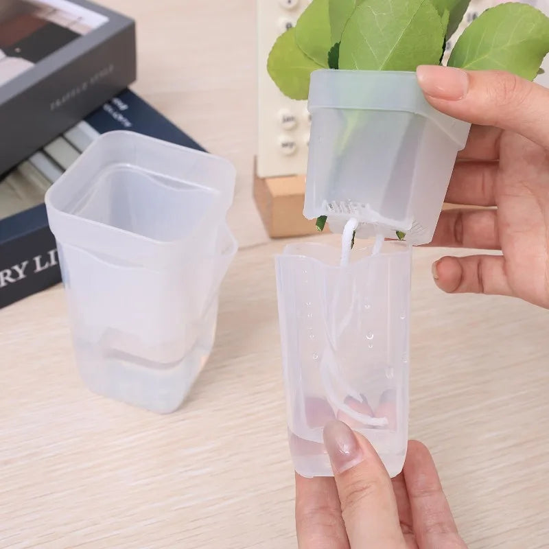 Transparent self-watering planters held in hands, showing inner wick reservoir