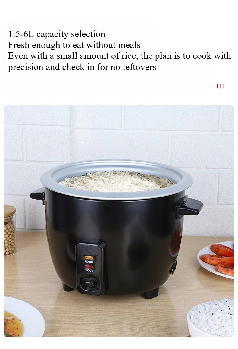 Mini electric rice cooker with black pot and glass lid, filled with uncooked rice