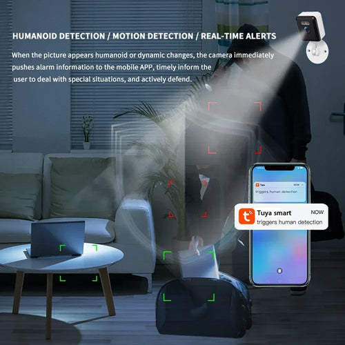 Indoor mini security camera with black housing and white wall mount