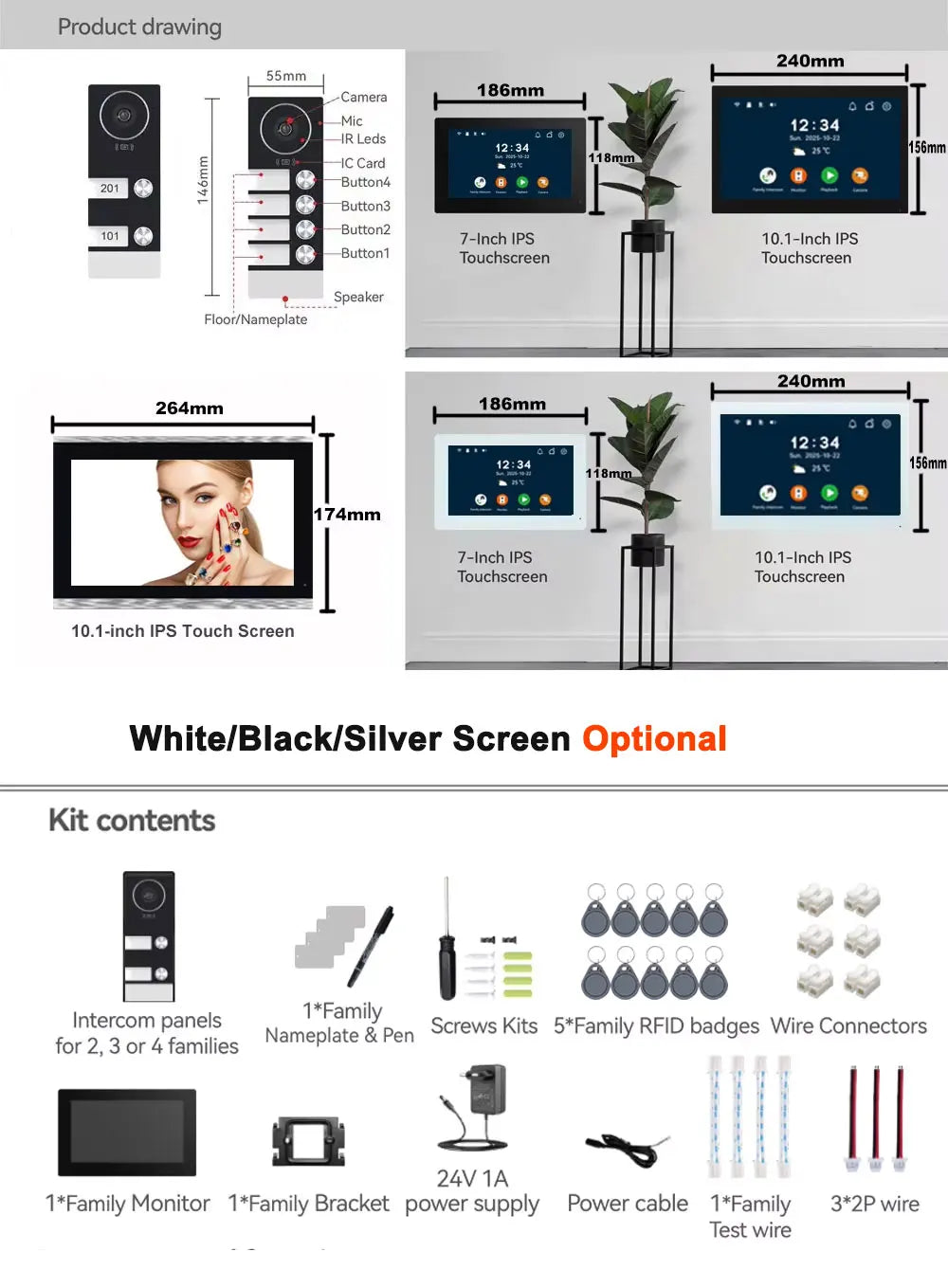 Tuya Smart WiFi Video Doorbell Intercom 1080P 2 Wired 10 inch LCD Video Door Phone System RFID APP Unlock for 2-Unit Apartments