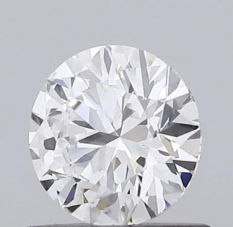 Round white lab-grown diamond viewed from the top with detailed facet pattern