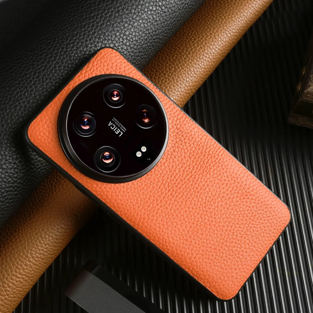 Xiaomi 14 Ultra Leather Case - Litchi Pattern Slim Fit Protection Orange China Mainland Tidesmit