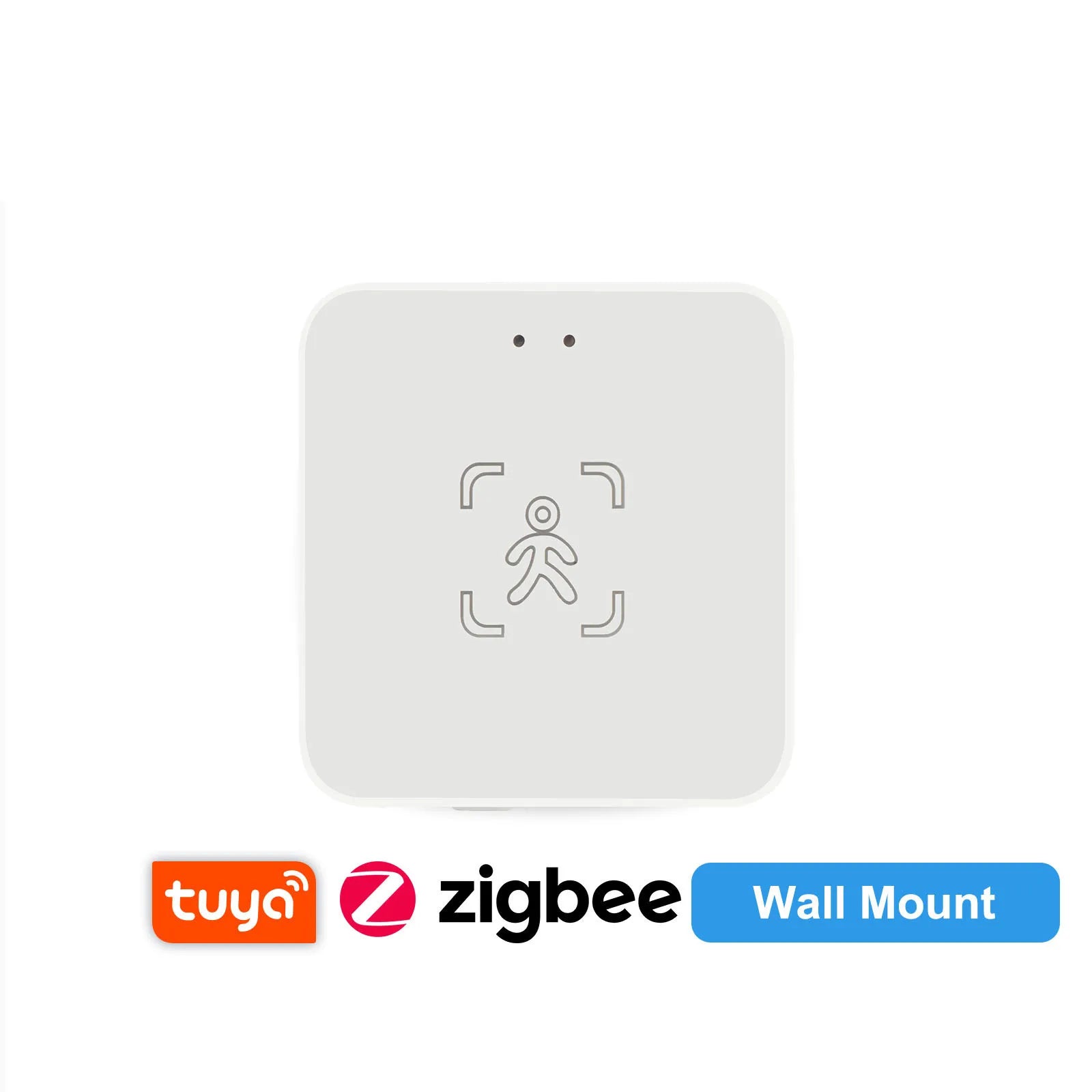 Square white Tidesmit human presence detector with a center human icon and logo badges for Tuya, Zigbee, and Wall Mount.