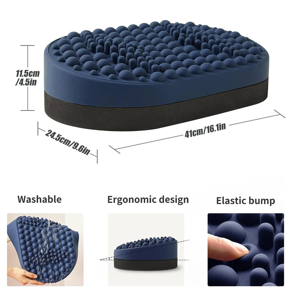 Blue ergonomic foot rest with elastic massage bumps for under-desk use at home or office to relieve foot pain.