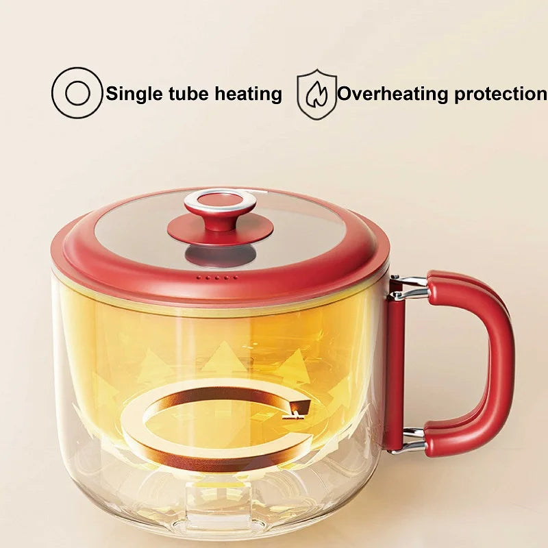 Red and clear-lid electric cooking pot with folding handle; single heating and protection icons