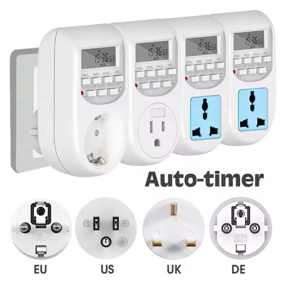 White indoor-style auto timer plug with digital display and country outlet adapters.