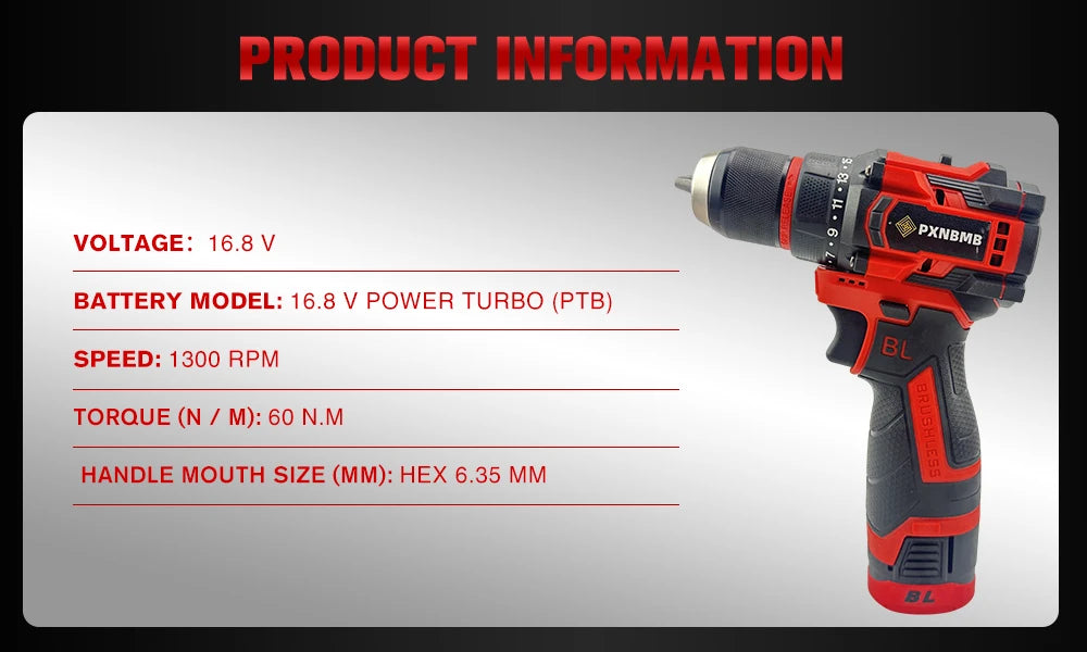 PXNBMB 16.8V 60NM Torque Brushless Electric Drill 10mm Metal Ratchet Chuck Cordless Drill Electric Screwdriver DIY Power Tools