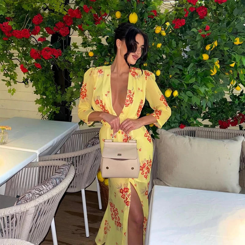 Fashion Sexy Organza Floral Printed Maxi Dress V-neck Puff Sleeve 2026 New Summer Romantic Women Party Gown Elegant Lady Vestido