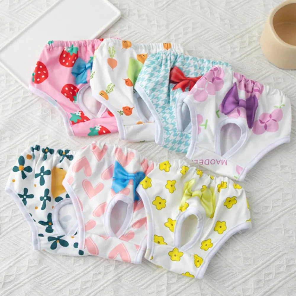 Reusable washable pet diapers for small dogs and cats. Colorful printed sanitary pants for female heat protection.