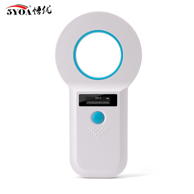 5YOA handheld pet microchip scanner with OLED display for quick identification of ISO-compliant dog and cat RFID chips.