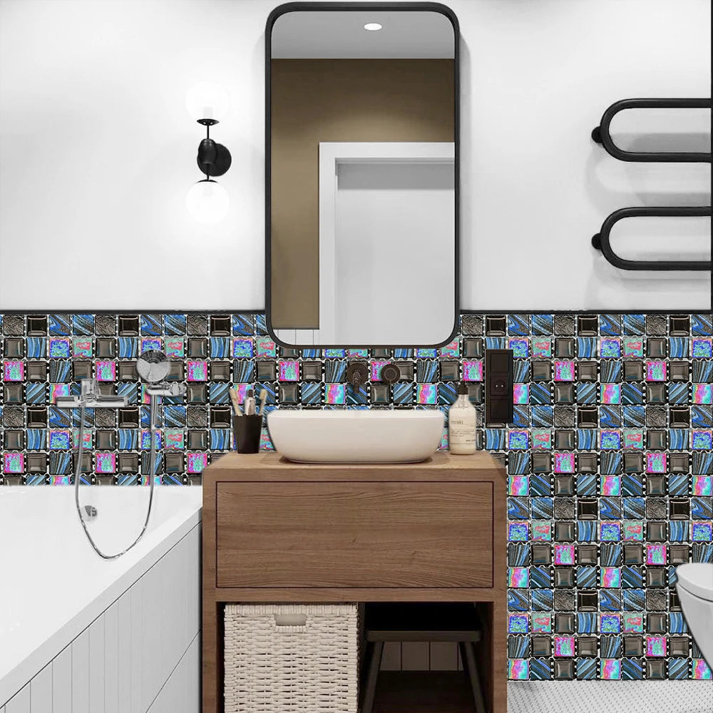 10pcs Flat Mosaic Style Tiles Sticker Kitchen Bathroom Waterproof & Oilproof Art Wall Sticker Peel & Stick Surface Glossy Film