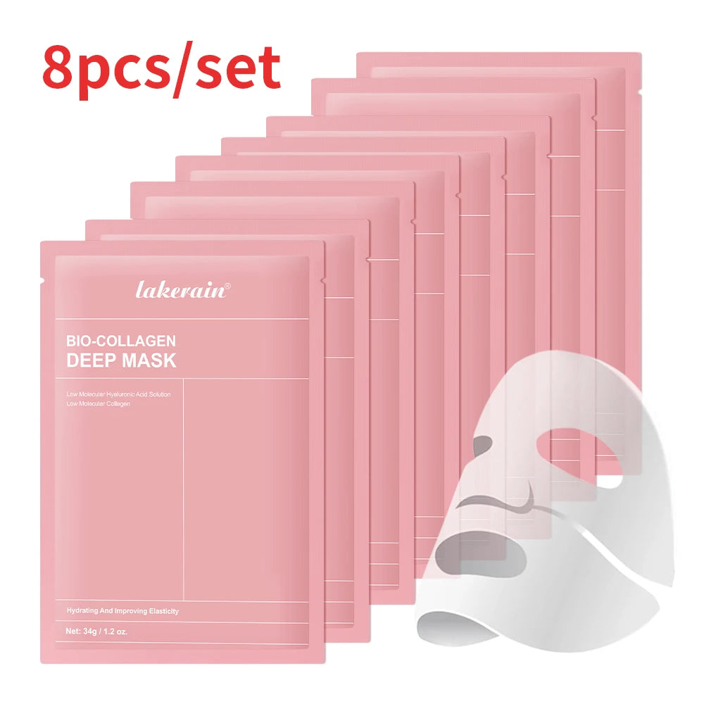 lakerain bio-collagen deep face mask pack set of 8, pink pouches with sheet-face icon