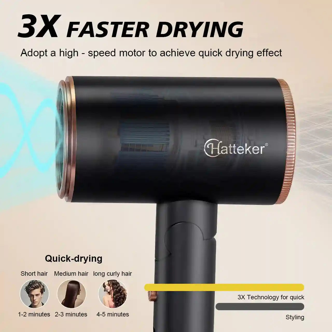 Hatteker foldable black negative ion hair dryer with copper accents and high-speed motor for fast, portable drying.
