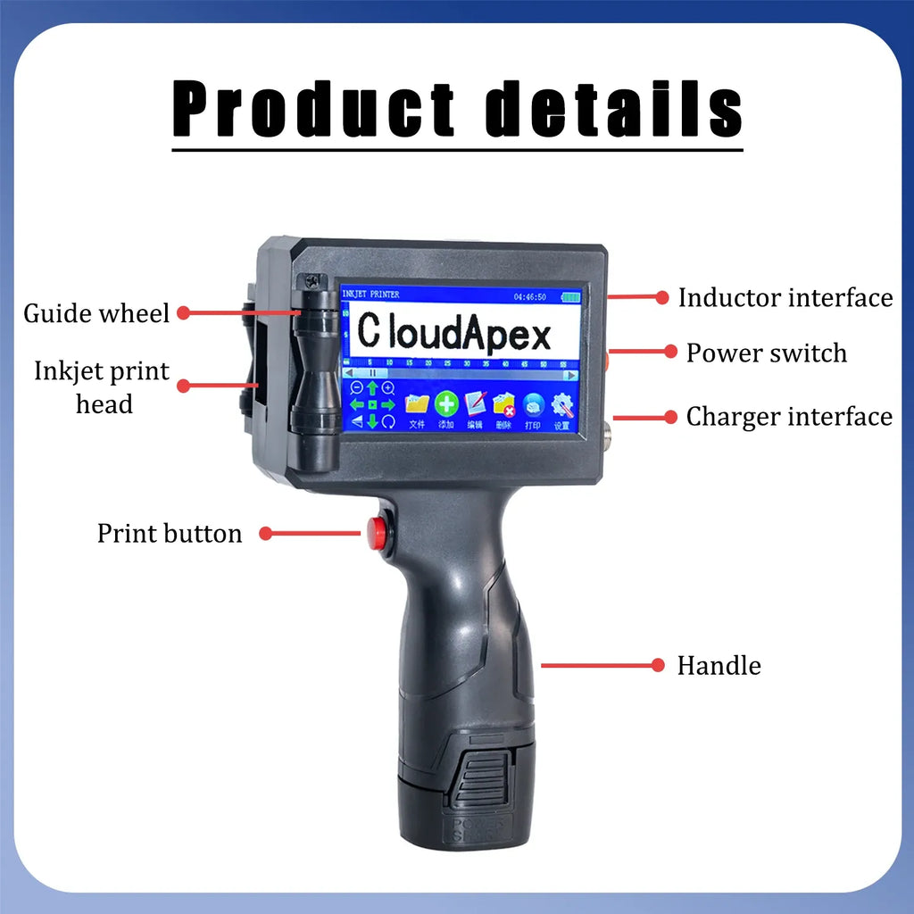 Handheld inkjet printer with labeled parts: inkjet head, power switch, and handle