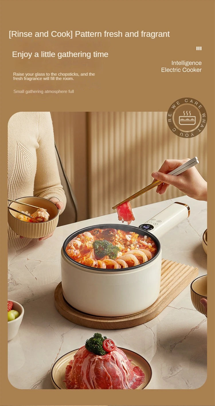 White electric hot pot with lid, steaming soup being ladled into a bowl.