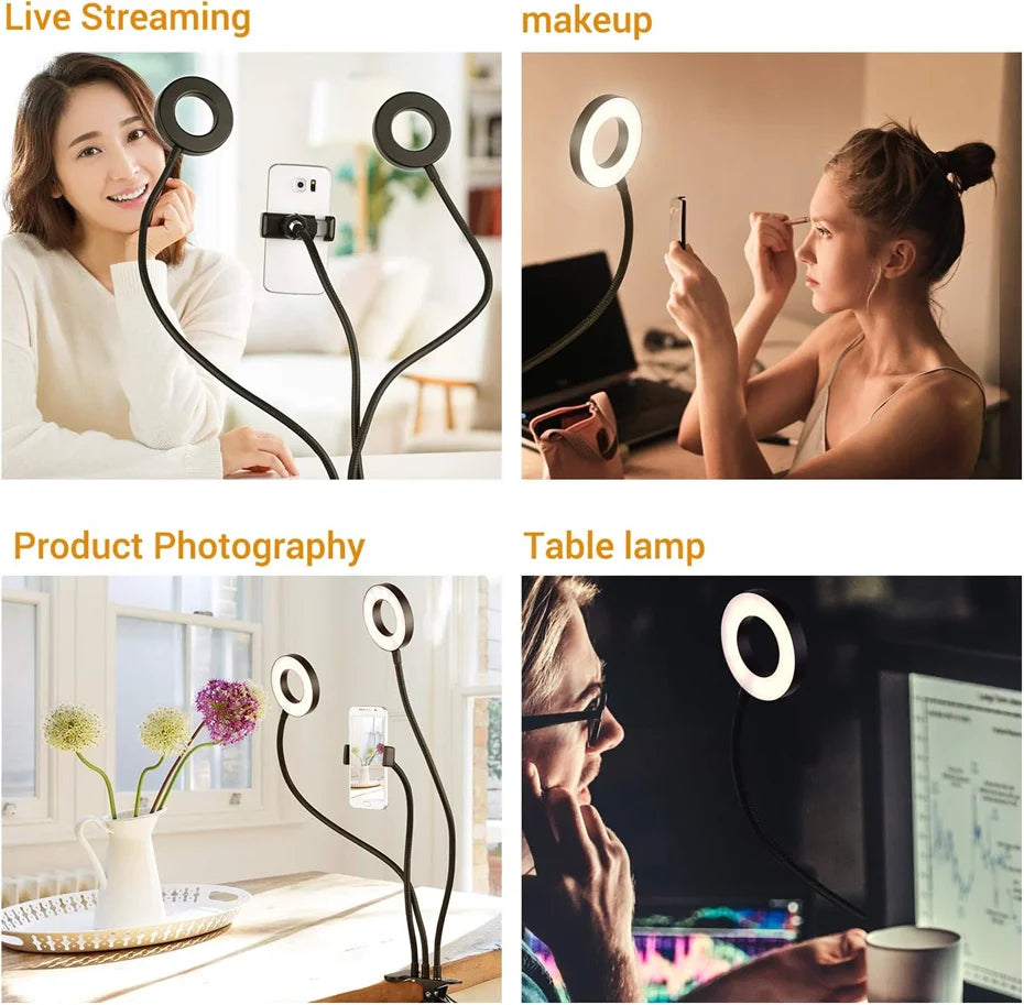 Flexible black dual-arm desk ring light with phone holder for streaming, makeup, and photography.