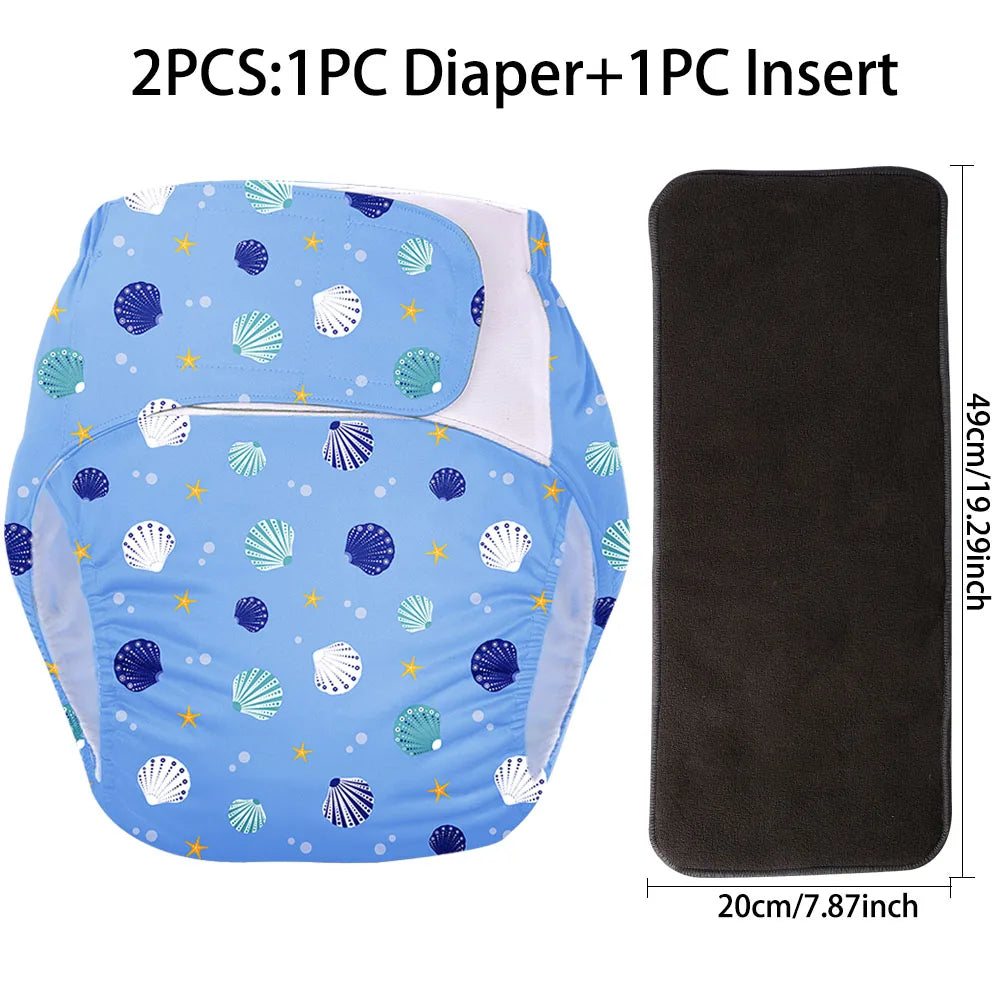 Reusable baby cloth diaper set with insert, blue seashell print design, 2-piece adjustable baby care product.