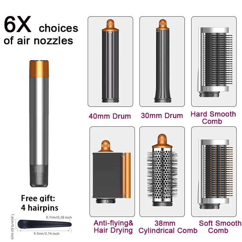 SenCiciMen 6-in-1 hot air brush set with gold-grey styling attachments, curling barrels, and brushes for professional hair.
