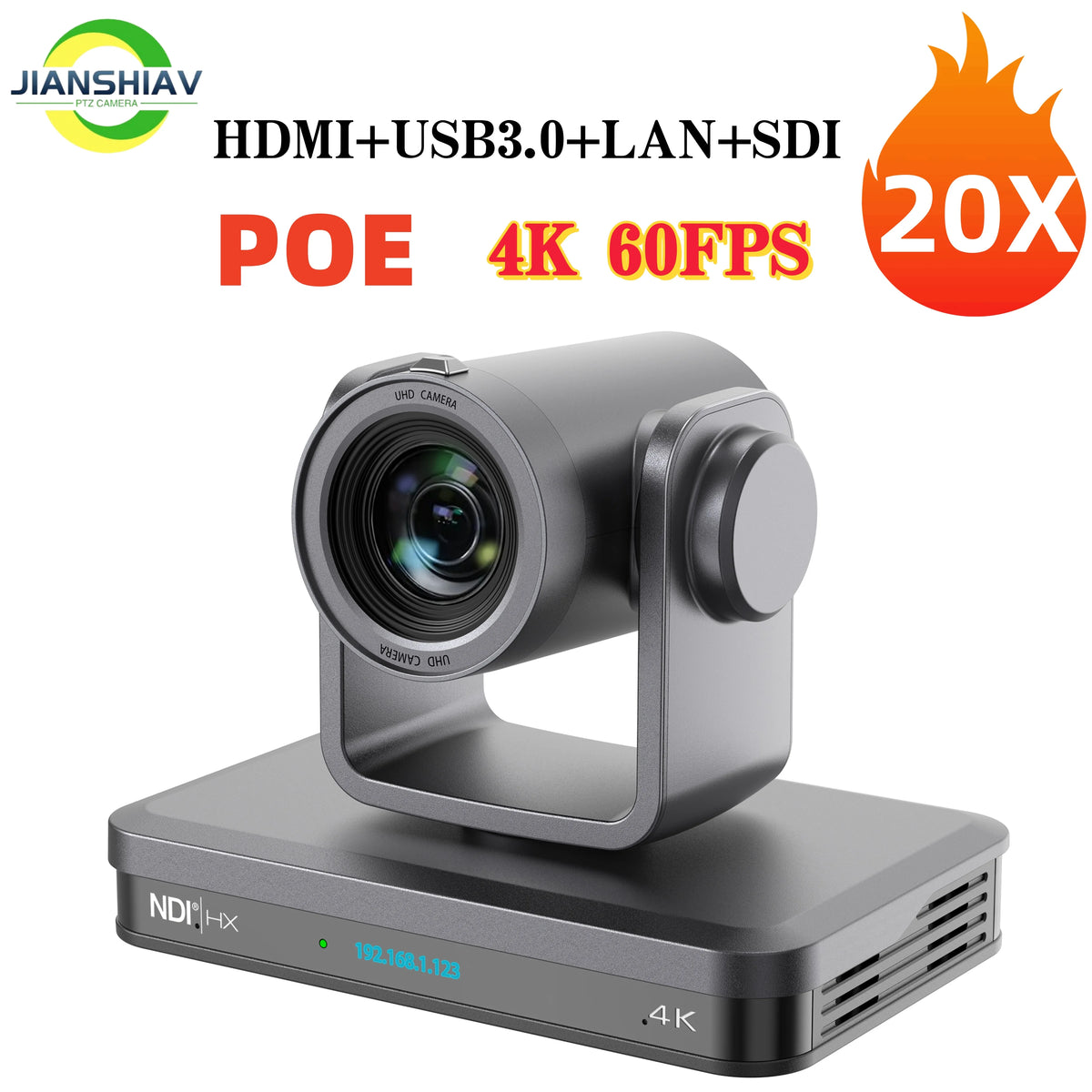 NDI PTZ streaming camera with PoE, 20X zoom lens on base
