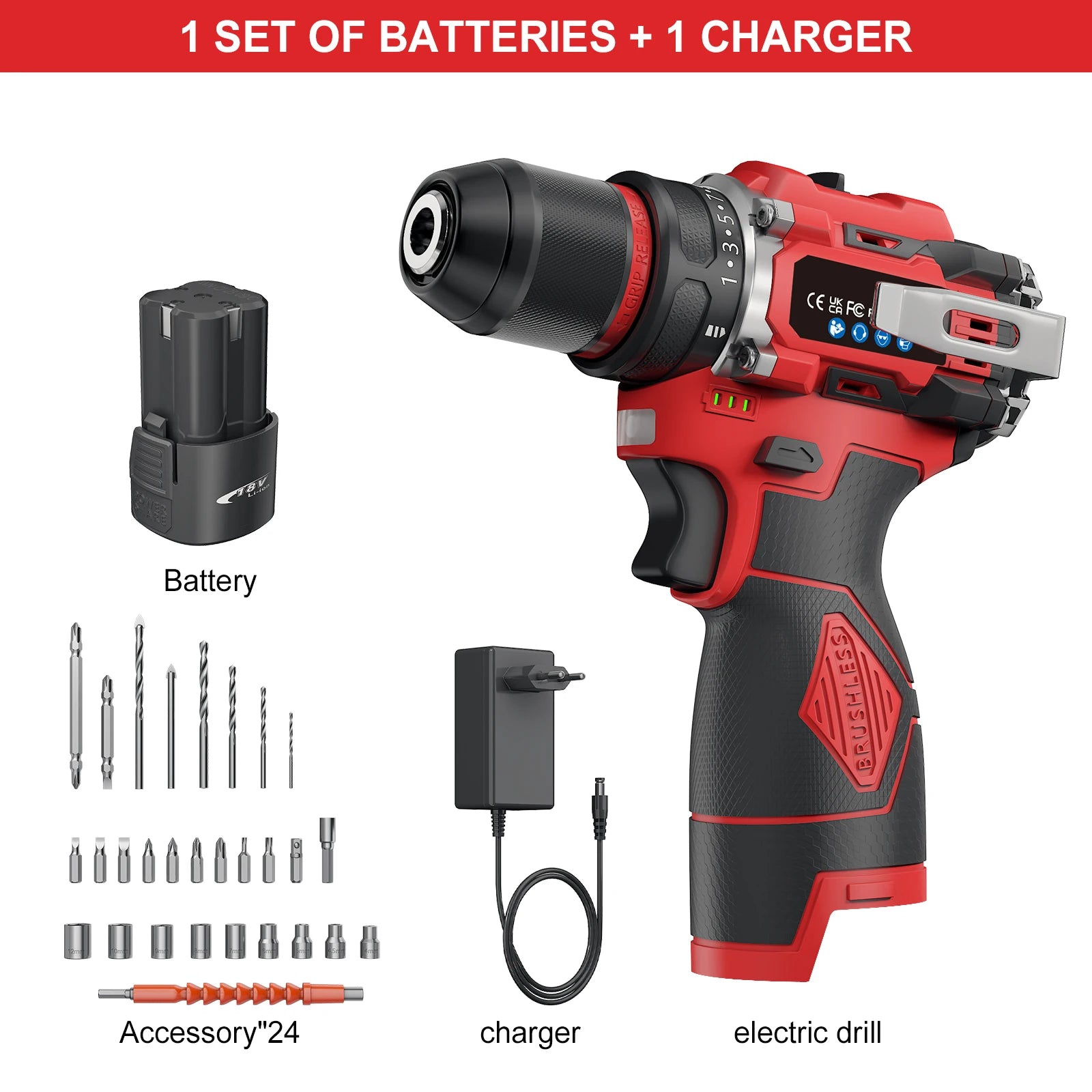 3-in-1 Brushless Electric Screwdriver 80Nm Torque Cordless Handheld Drill Impact Drill 16.8V Household Impact Power Tool