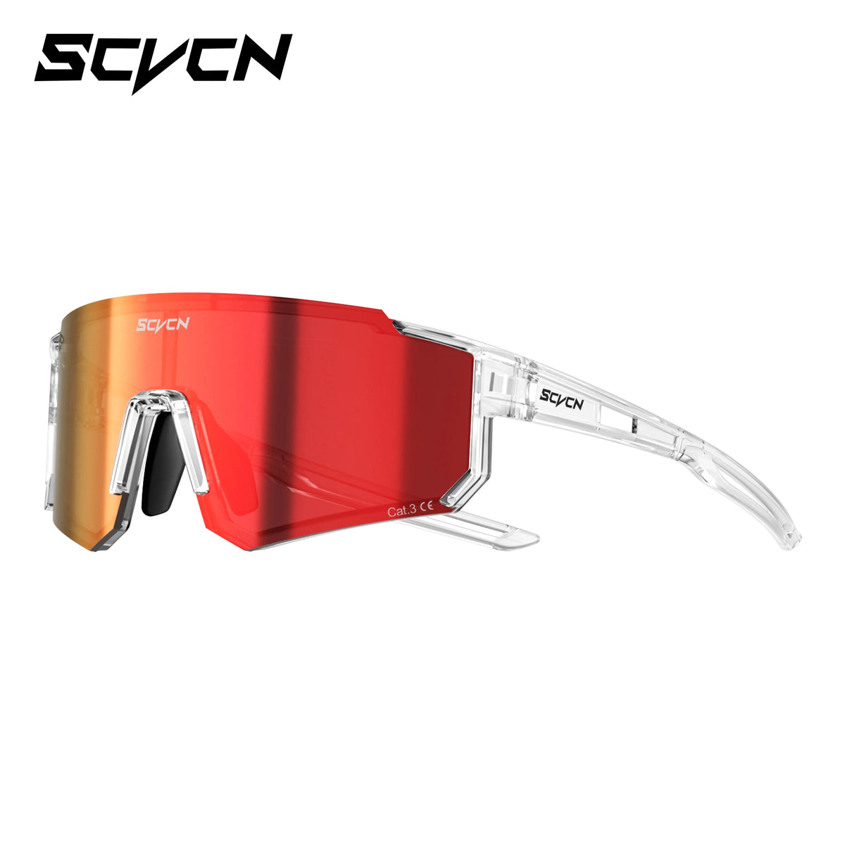 Cycling sunglasses, red mirrored lens with clear frame and side shield
