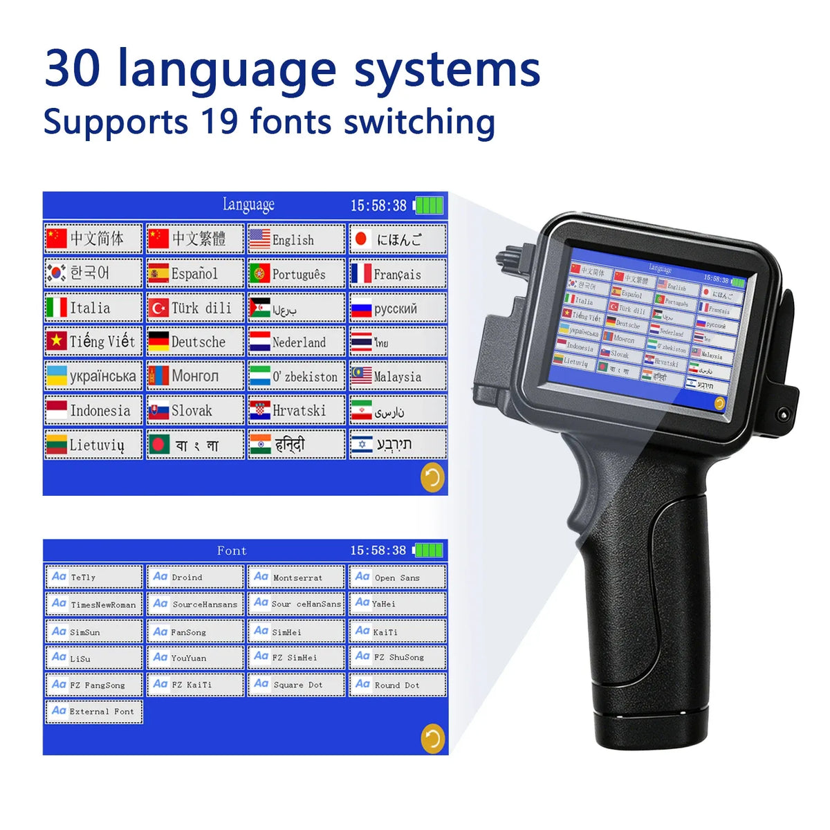 Handheld inkjet printer showing multilingual interface on color touchscreen display