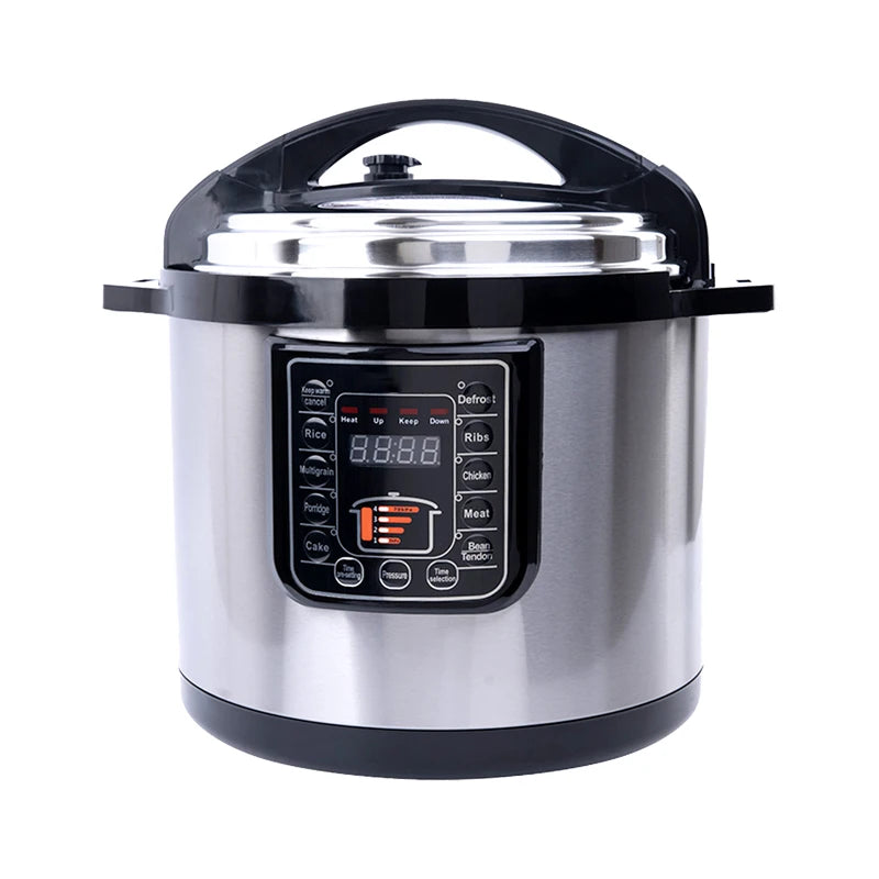 Stainless electric pressure cooker with black handle and front control panel