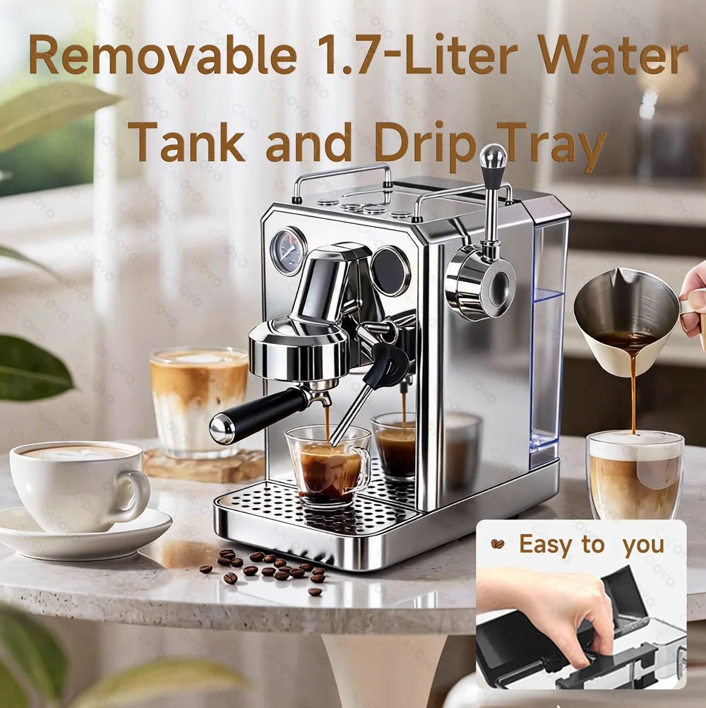 Cafovo stainless steel espresso machine with 1.7L removable water tank, pressure gauge, and milk frothing wand.