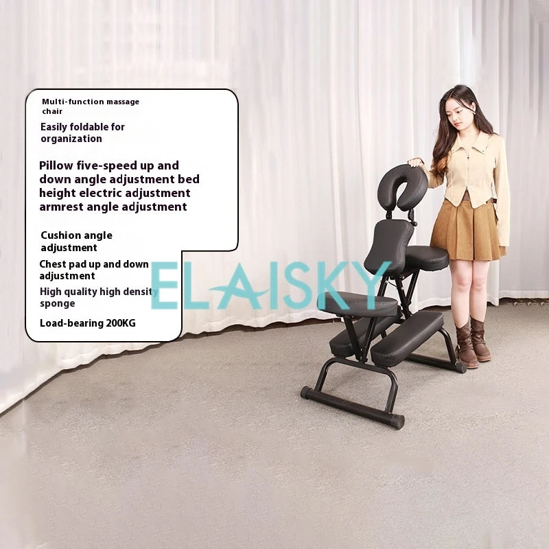 Black foldable massage chair with adjustable cushioned headrest, chest pad, and seat on a sturdy metal frame.