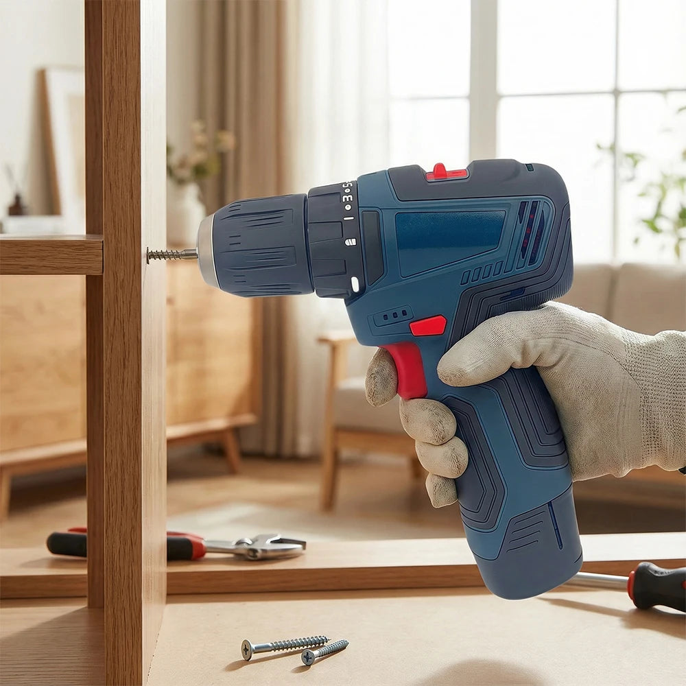 Podofo 12V Cordless Professional Electric Drill Cordless Driver Heavy Duty Multifunctional For Wood Metal Plastic Drilling Household Diy Tools Maintenance Assembly Ergonomic Design