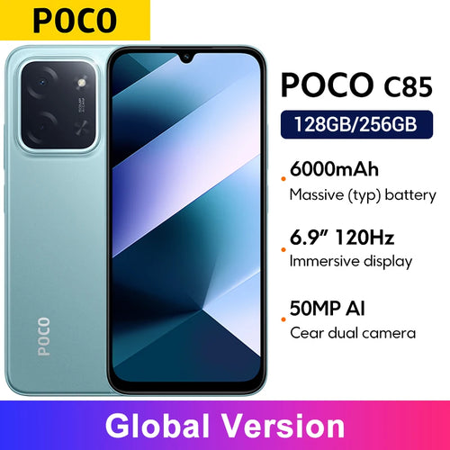 POCO C85 light blue smartphone, 6.9-inch display, 50MP AI camera, 6000mAh battery, front and back view, global version.