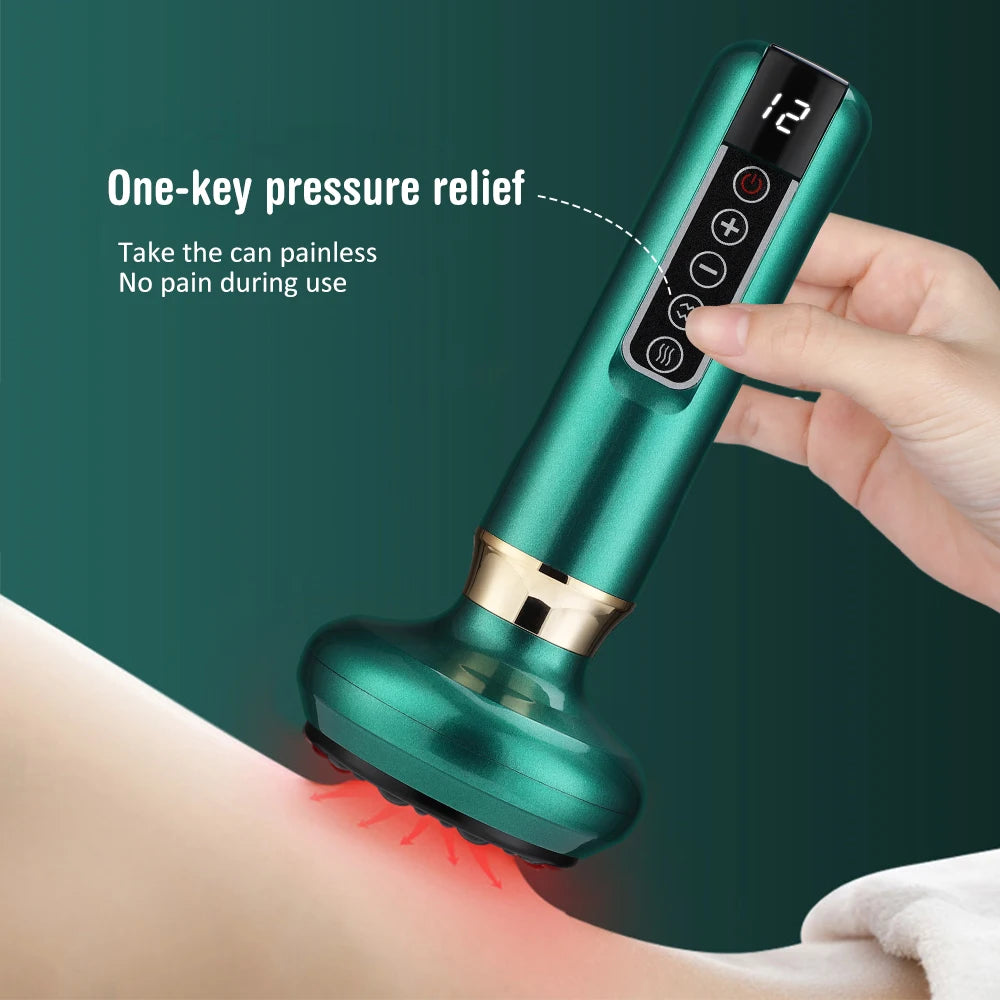 Green electric vacuum cupping massager with digital display, heat therapy, and pressure relief for body massage.