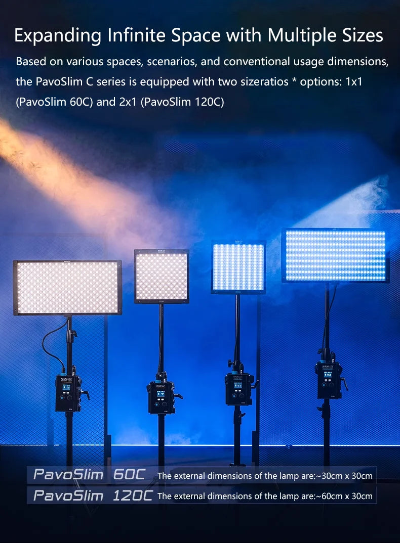 PavoSlim 60C and 120C LED panels in square and rectangular shapes on stands, emitting bright light for studio use.