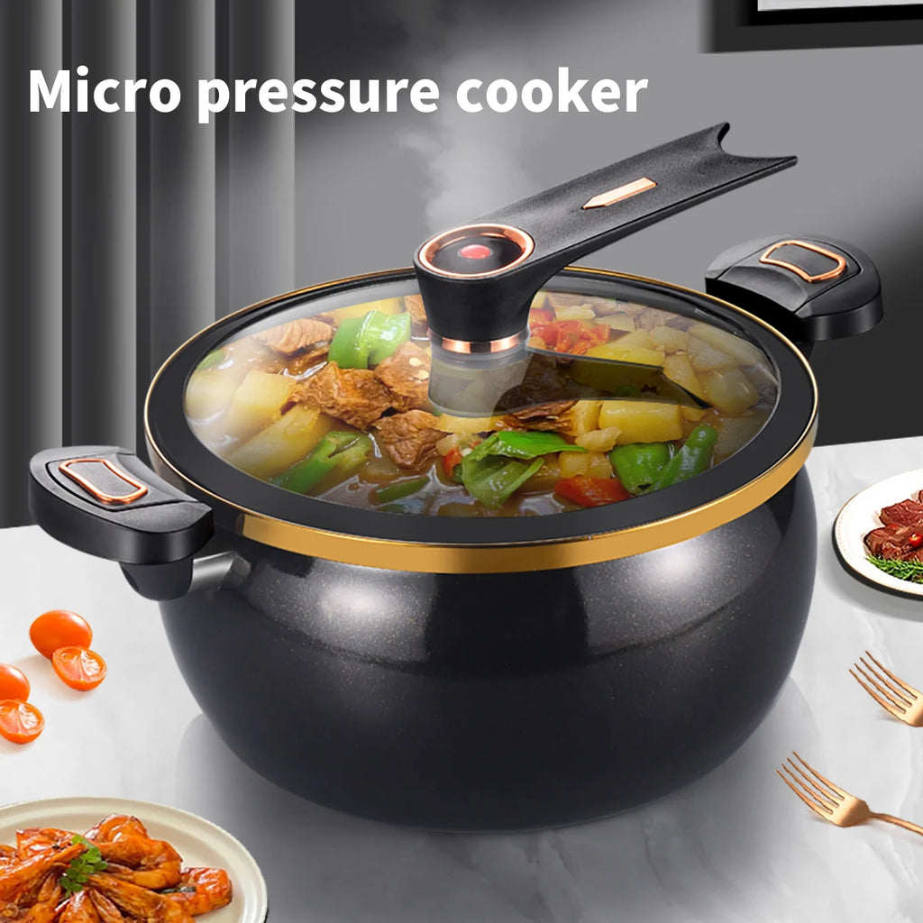 Black micro pressure cooker with glass lid, stew visible inside, gold rim and side handles