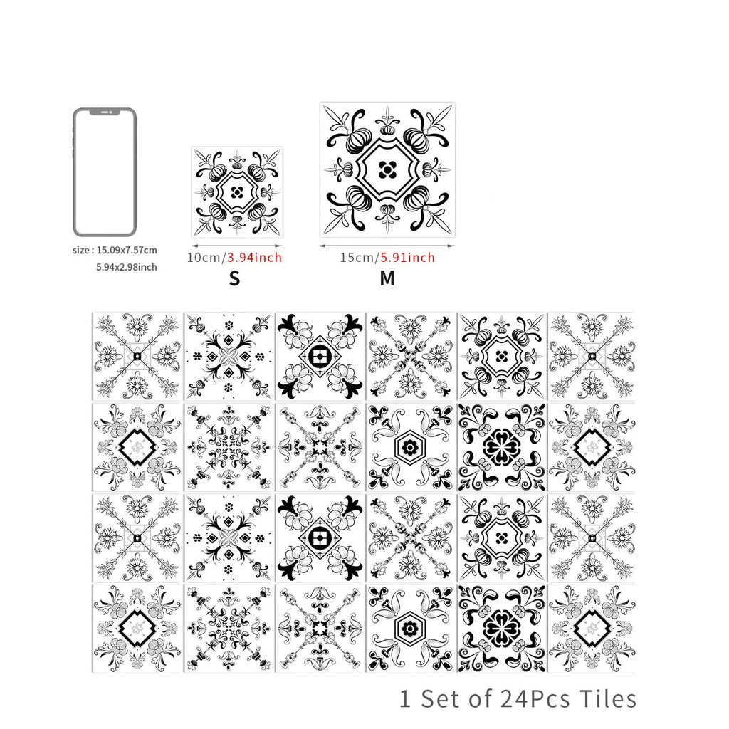 24 pcs/pack, Waterproof and Oil-proof, Easy To Clean, Black And White Simplicity Pattern Self-adhesive PVC Tile Stickers