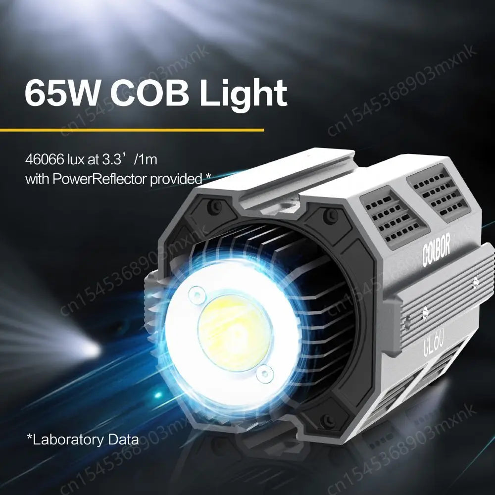 65W COB LED video light with a silver, hexagonal metal housing, front-facing circular light, and side cooling vents.