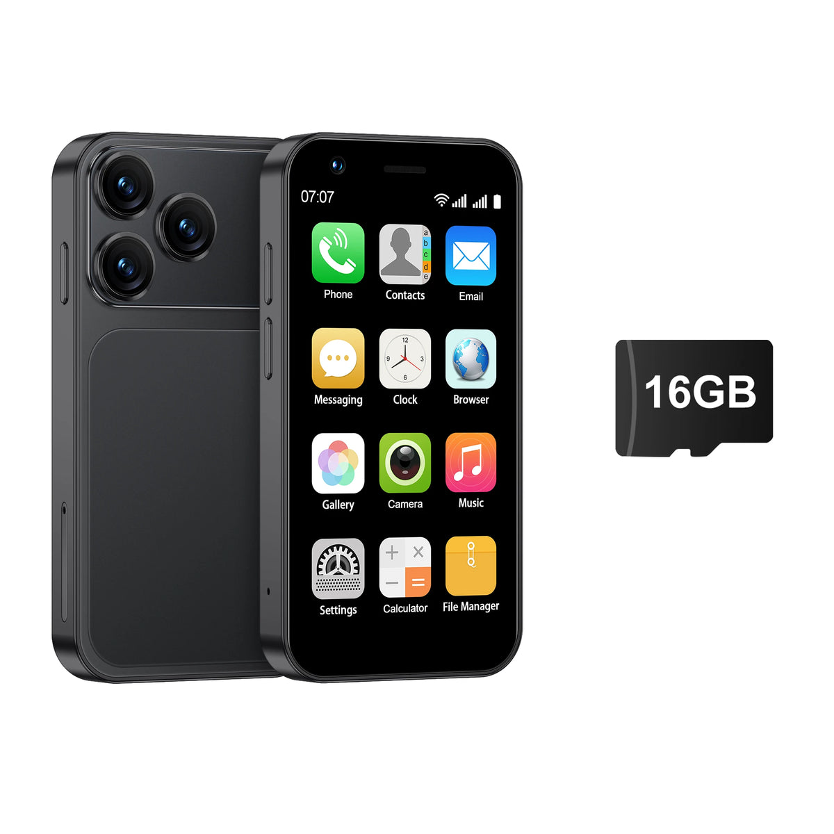Black 3-inch mini Android smartphone with 16GB storage badge and front app icons