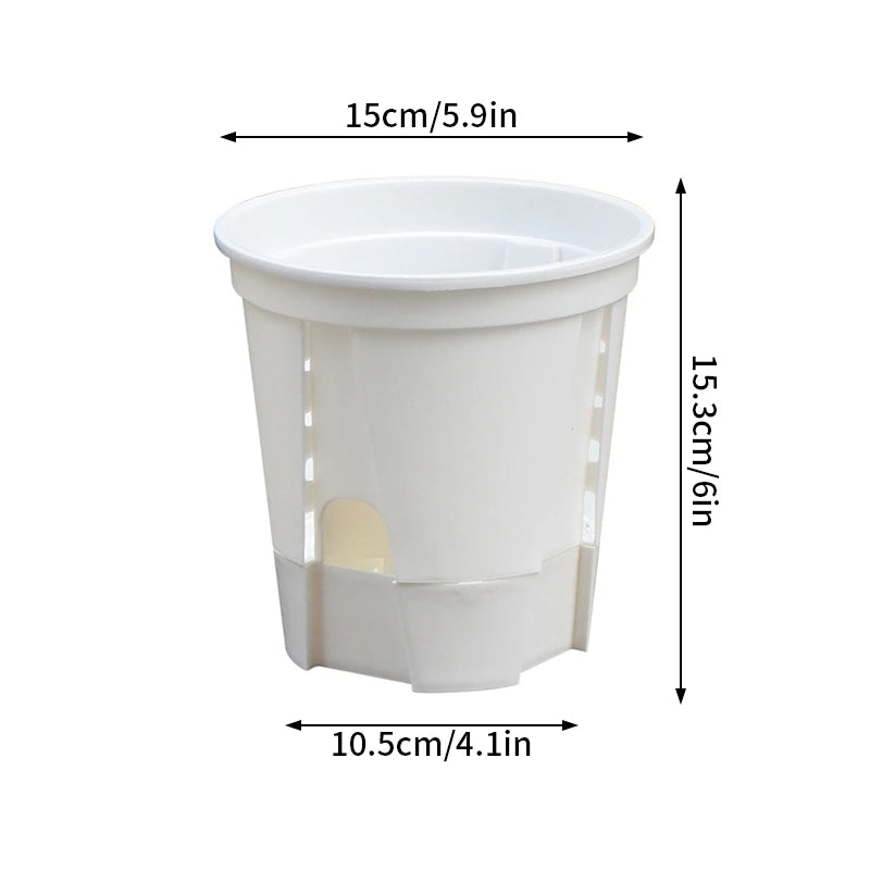 Self-watering flower pot, clear double-layer plastic with round drainage inserts