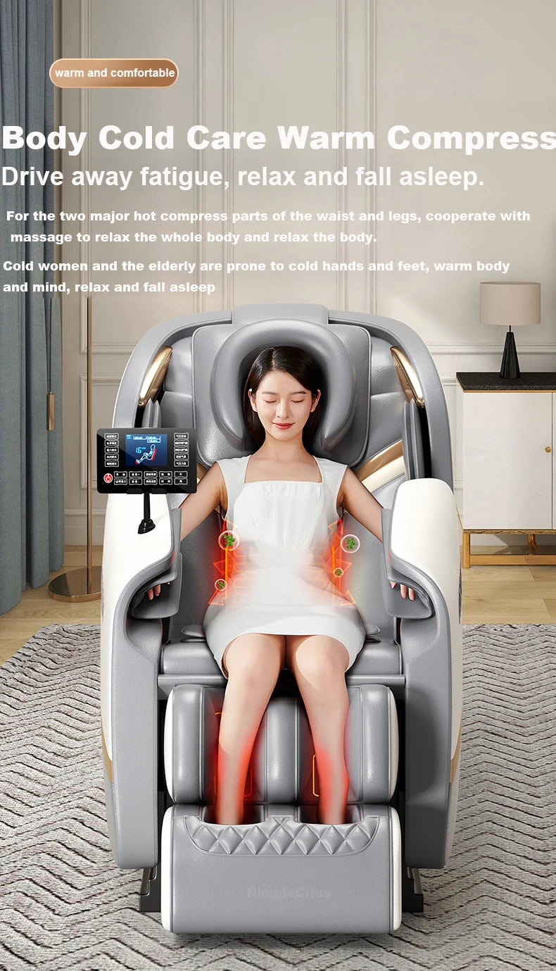 Gray massage chair with seat and leg compression pods; remote control screen