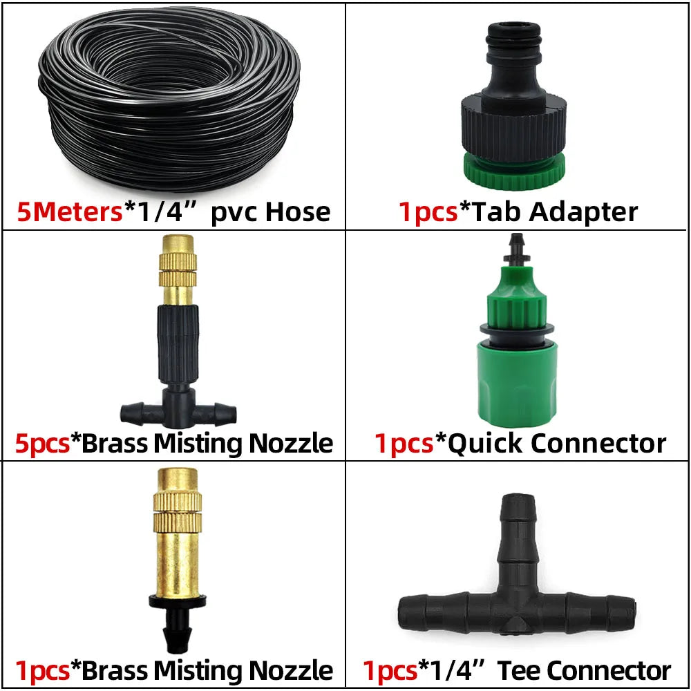 Misting kit with 5m 1/4 PVC hose, brass nozzles, quick connector and tee