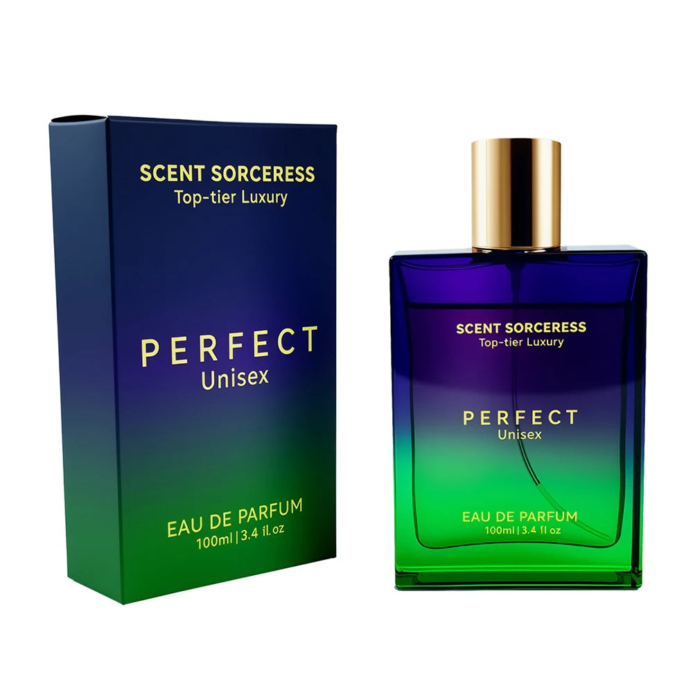 Scent Sorceress Perfect unisex Eau de Parfum, 100ml luxury square glass bottle with blue-to-green gradient spray.