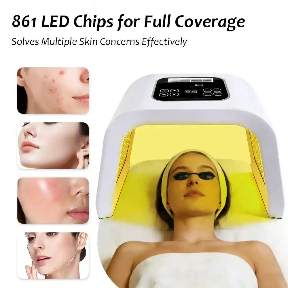 White arch-shaped LED facial light therapy device with a digital control panel, shown with a person in eye protection.