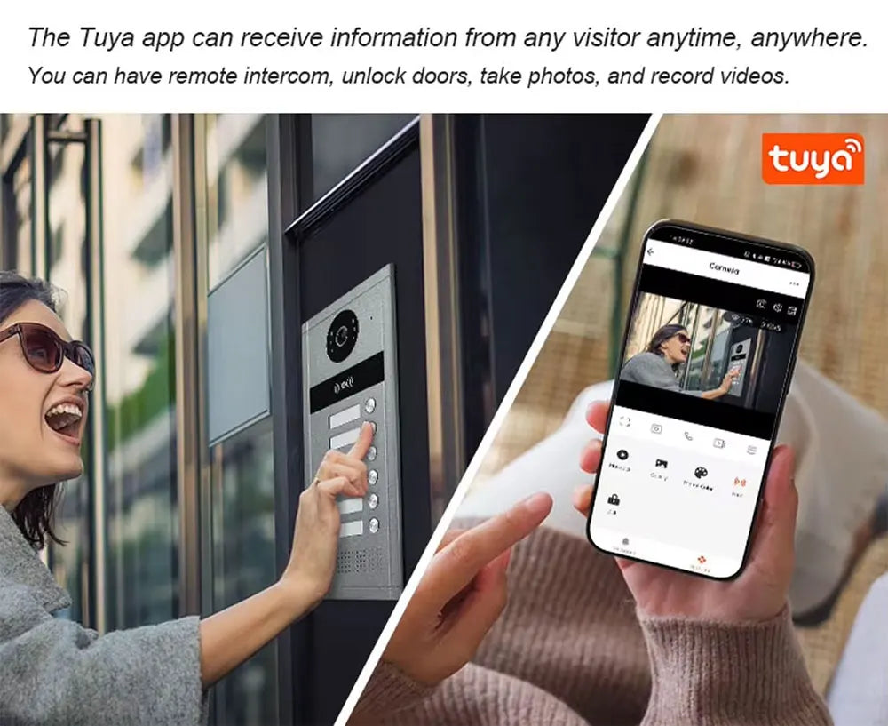 7 inch Touch Screen Video Doorbell Intercom 4 Wired Tuya WiFi Video Doorphone System for 5/6/8 Family Apartment RFID Card Unlock