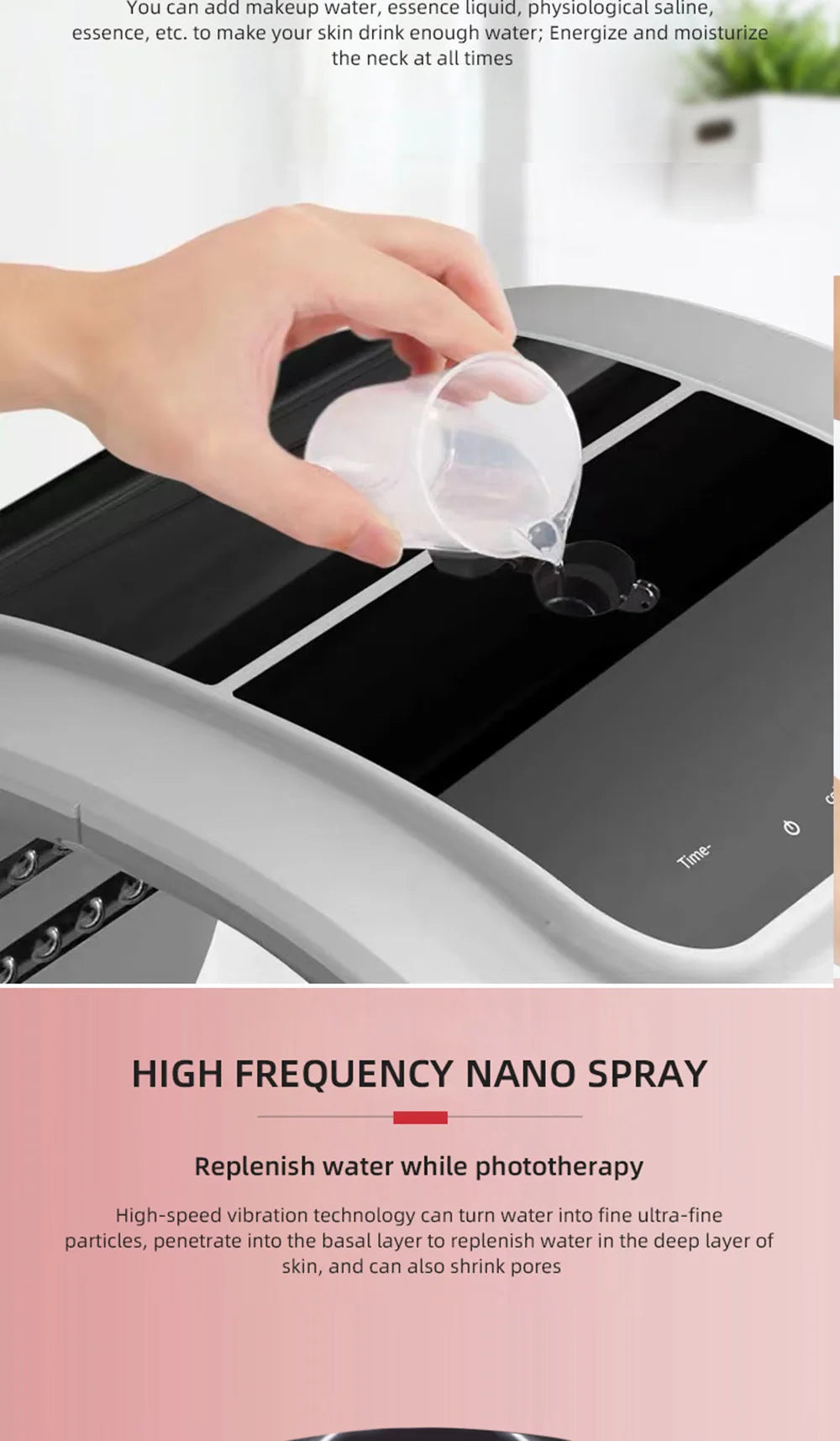 A hand pours liquid from a small measuring cup into the refill port of a sleek, gray LED facial spray machine.