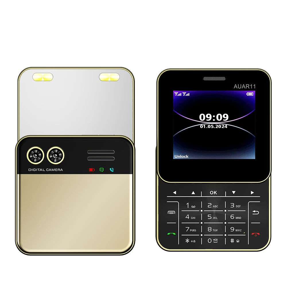 Side-slider dual SIM smartphone, light gold back and black front with keypad, both shown