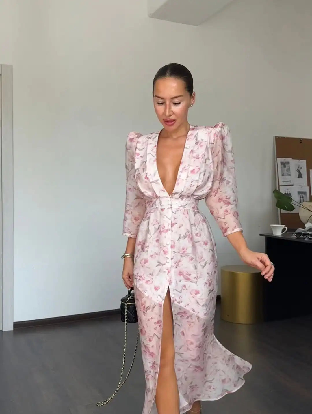Fashion Sexy Organza Floral Printed Maxi Dress V-neck Puff Sleeve 2026 New Summer Romantic Women Party Gown Elegant Lady Vestido