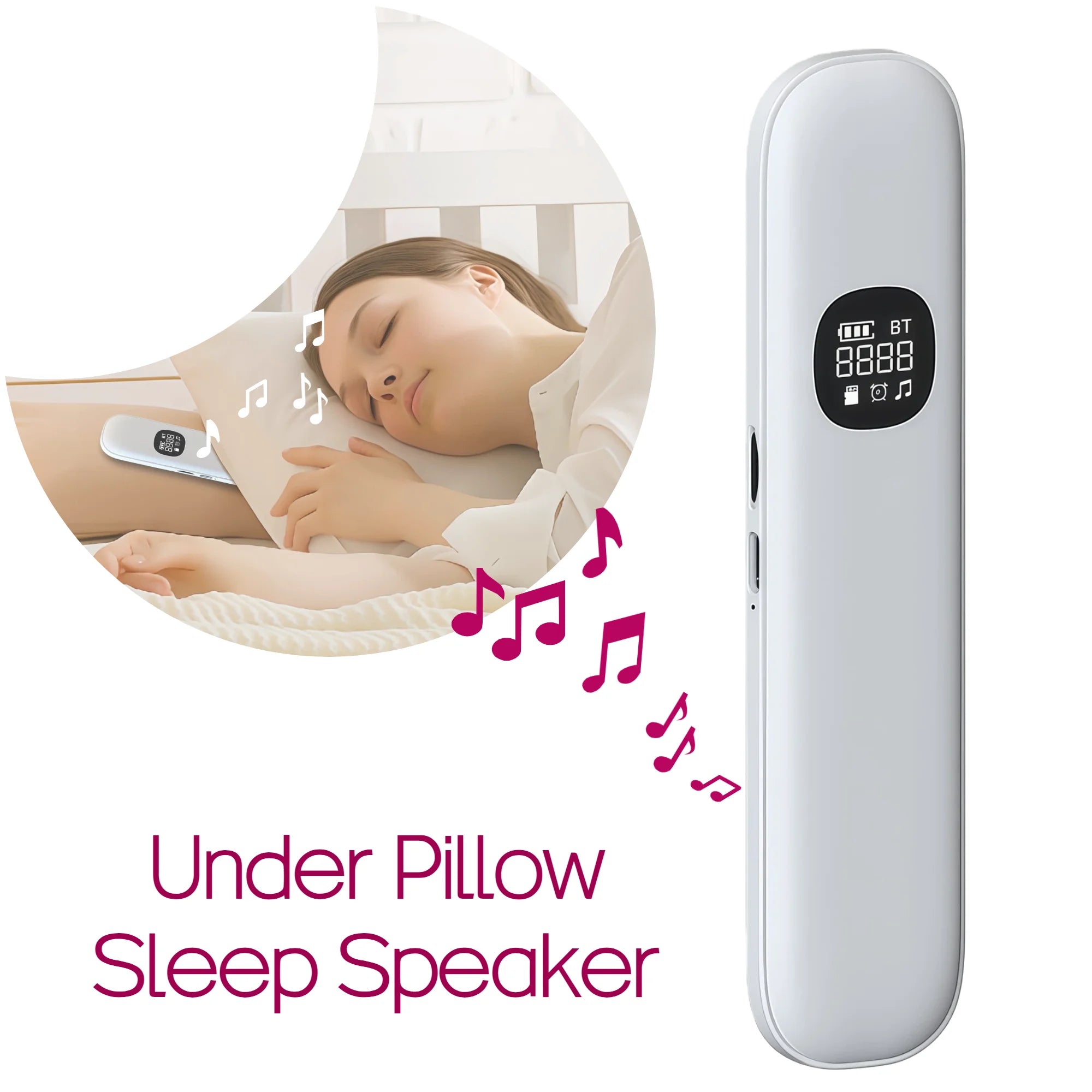 White under-pillow sleep speaker with control panel and side buttons